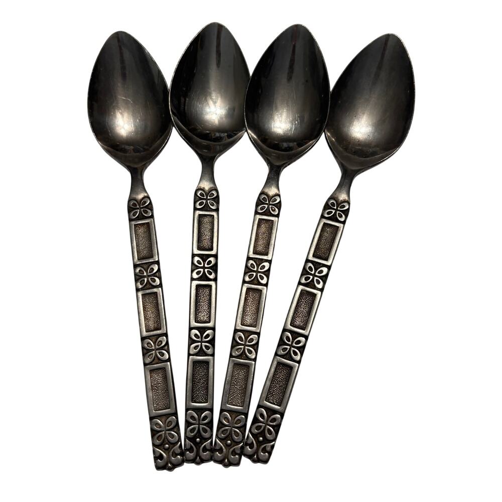 4 National Stainless Bravissimo Teaspoons Floral Handle Vintage Set Korea